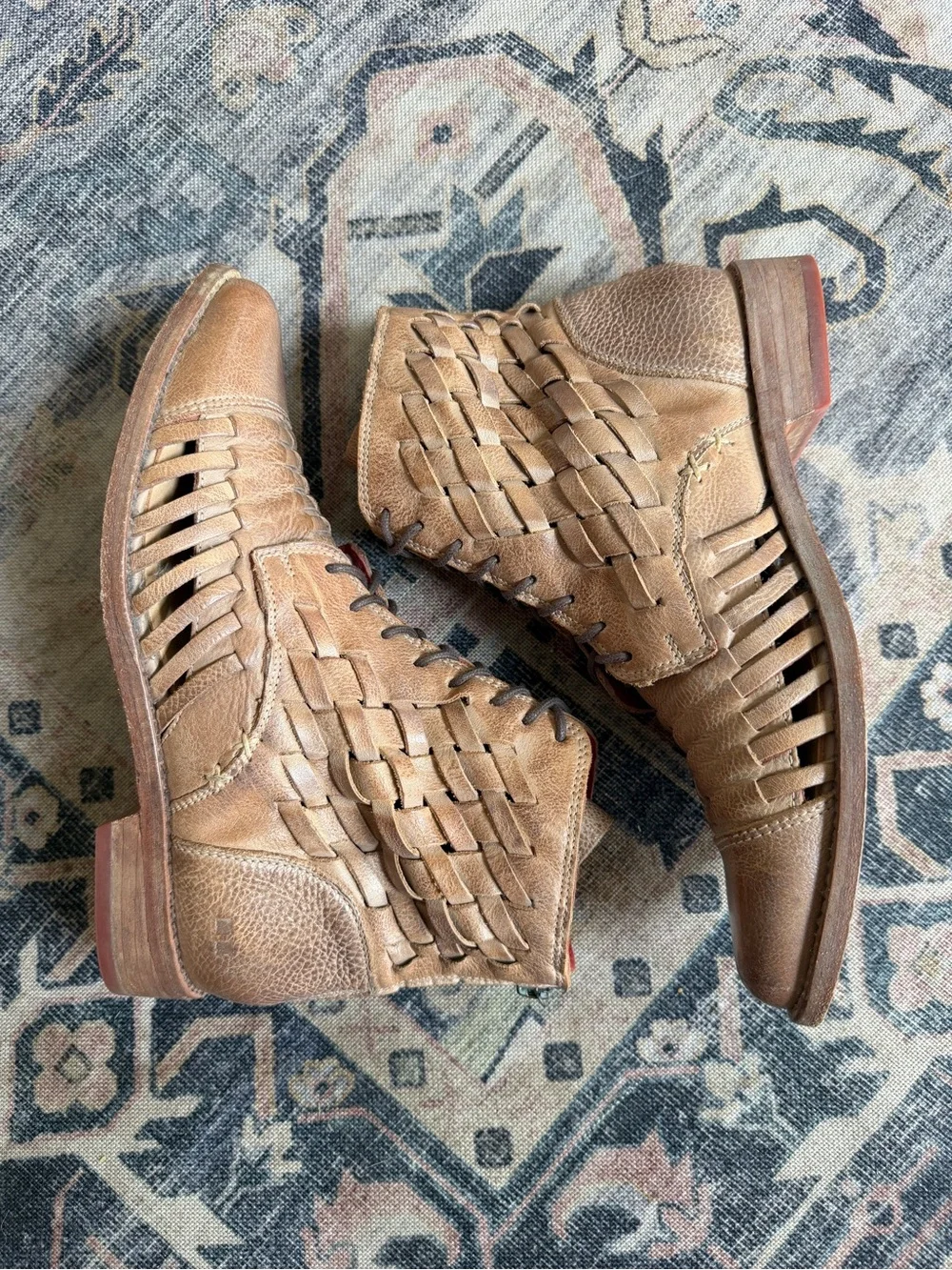 Bed Stu Loretta Boots Women's 7 Tan Brown leather Woven Cap Toe Lace Up Booties